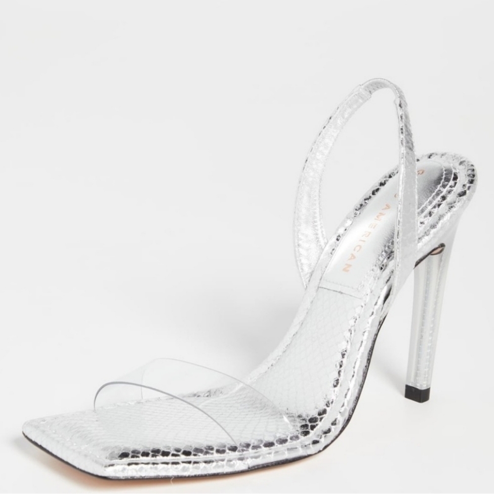 Good American Women "Like New"Lucite Silver Square Toe High Heels Sandals 10.5